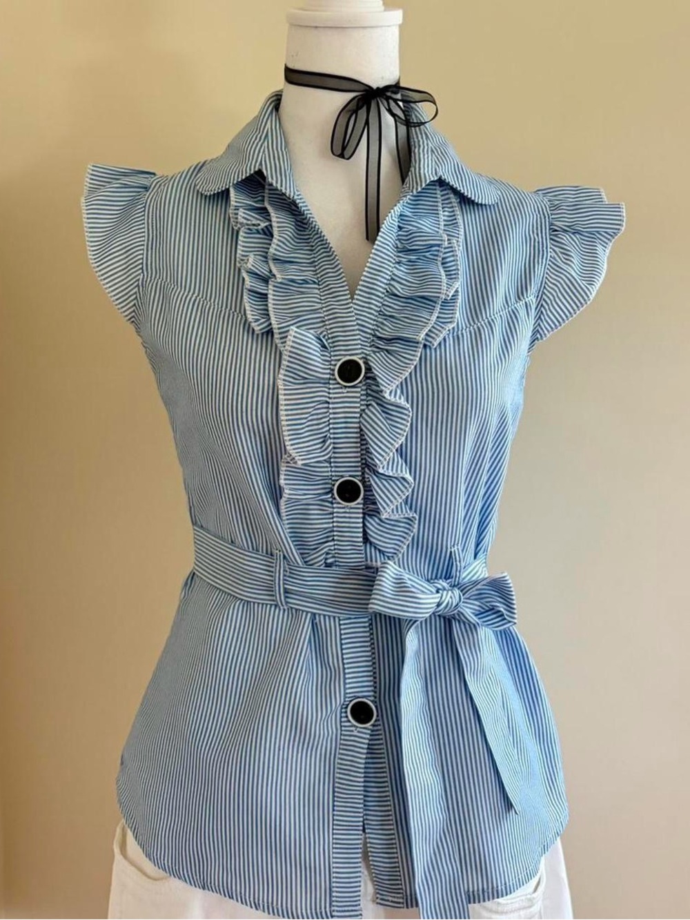 Vintage Y2K coquette ruffle bow tie waist lolita blouse retro rockabilly 50s S